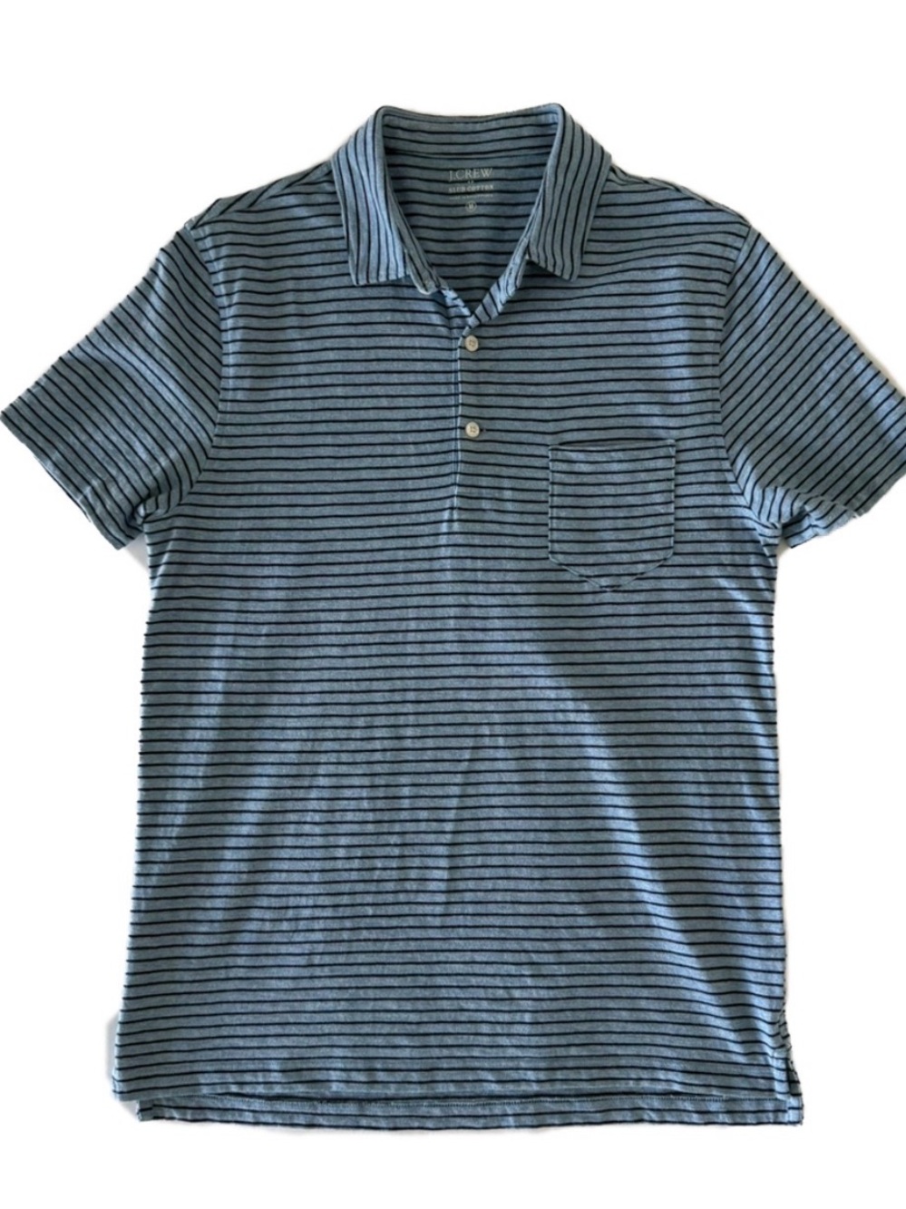 J.Crew Slub Cotton Stripe Men's Medium Blue Pocket Polo Shirt Preppy Collegiate